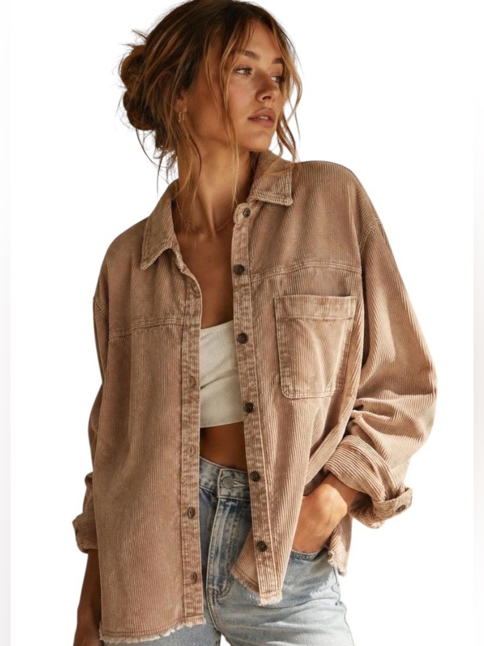 LA MIEL Oversized Corduroy Shacket in Light Brown